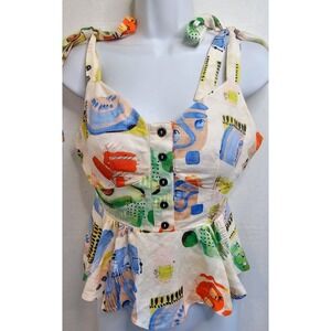 Hunter Bell "Millie" Abstract Print Tie Strap Peplum Button Front Top SZ 2 EUC